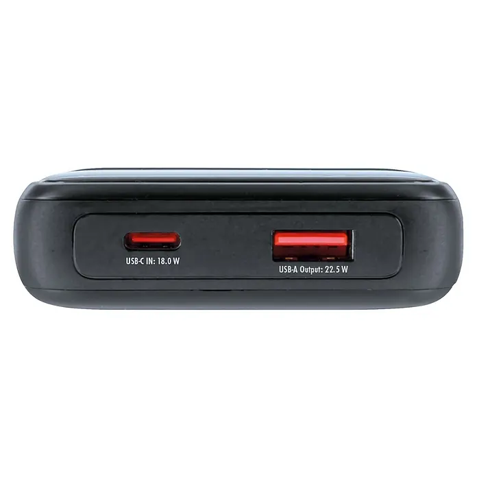 Schwaiger Powerbank Wireless-10.000 mAh inklusive Ladekabel - Schwarz - Schwarze Powerbank mit rotem USB-C 18W Eingang und rotem USB-A 22.5W Ausgang.