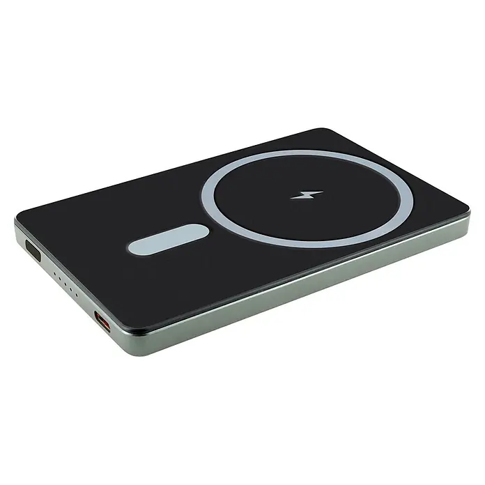 Schwaiger Powerbank magnetisch Wireless - Schwarz - Schwarze Powerbank mit silbernem Rand, rundem kabellosem Ladefeld mit Blitzsymbol und LED-Anzeigen für Ladestatus und Akku.