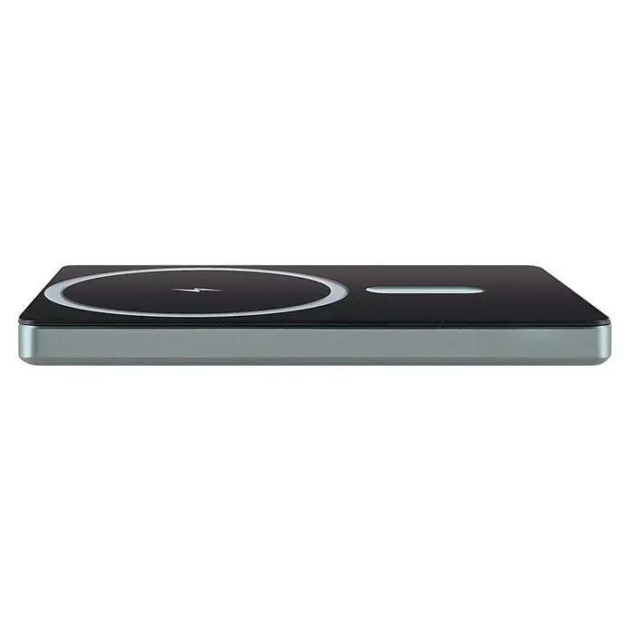 Schwaiger Powerbank magnetisch Wireless - Schwarz - Rechteckiges kabelloses Ladegerät mit schwarzer Oberfläche, grauem Sockel, weißem Ladekreis mit Blitzsymbol und weißer LED-Anzeige.