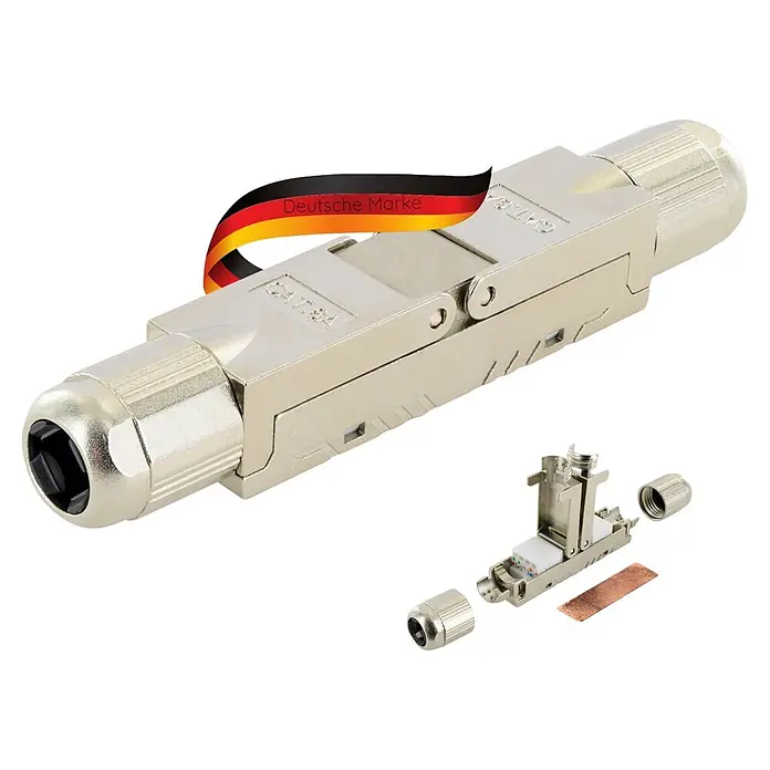 Schwaiger Kabelverbinder CAT 6A Keystone Netzwerkkabelverbinder - Geschirmt - Geschirmter, silberner CAT.8 RJ45 Feldstecker, zerlegt mit internen Komponenten und "Deutsche Marke" Band.