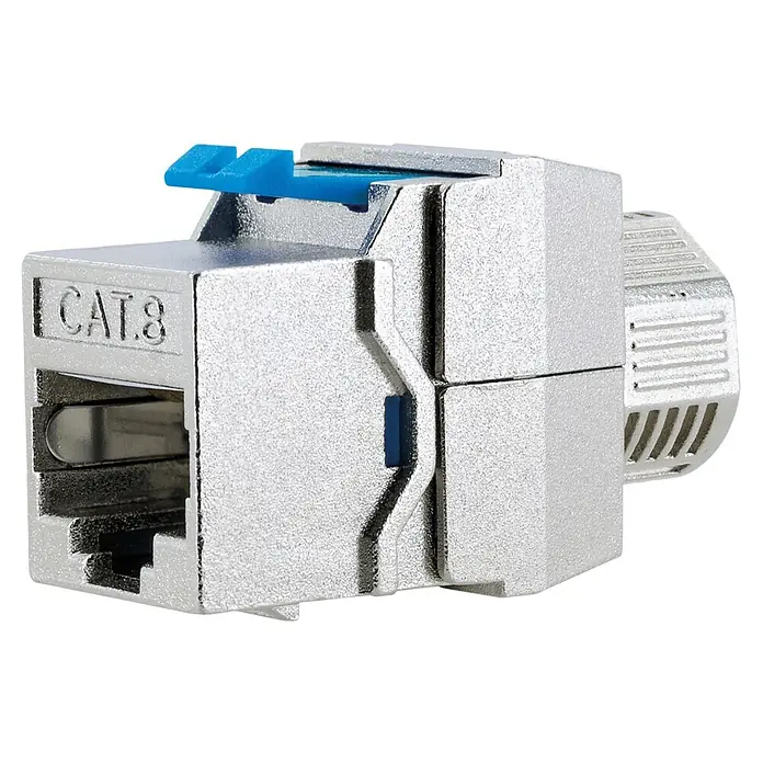 Schwaiger Netzwerk-Stecker Keystone CAT8-Modul werkzeuglos - Silber - Metallisch-silberner Cat.8 RJ45 Keystone-Jack mit blauem werkzeuglosem Anschlussclip.