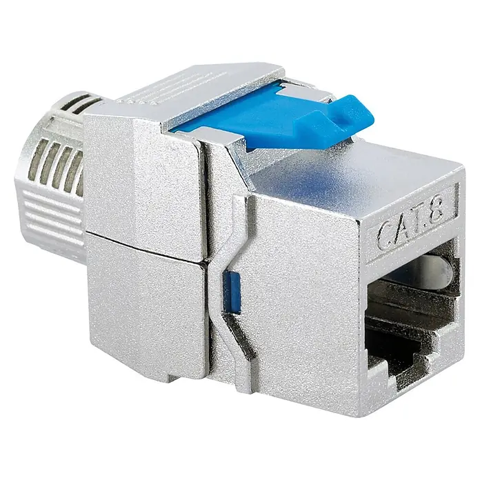 Schwaiger Netzwerk-Stecker Keystone CAT8-Modul werkzeuglos - Silber - Silbernes CAT.8 Keystone-Modul mit blauen Akzenten, für Hochgeschwindigkeits-Netzwerkverbindungen.