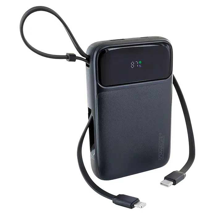 Schwaiger Powerbank Wireless-10.000 mAh inklusive Ladekabel - Schwarz - Schwarze Powerbank mit texturierter Oberfläche, Digitalanzeige (87%) und integrierten USB-C-, Lightning- und Schlaufenkabeln.