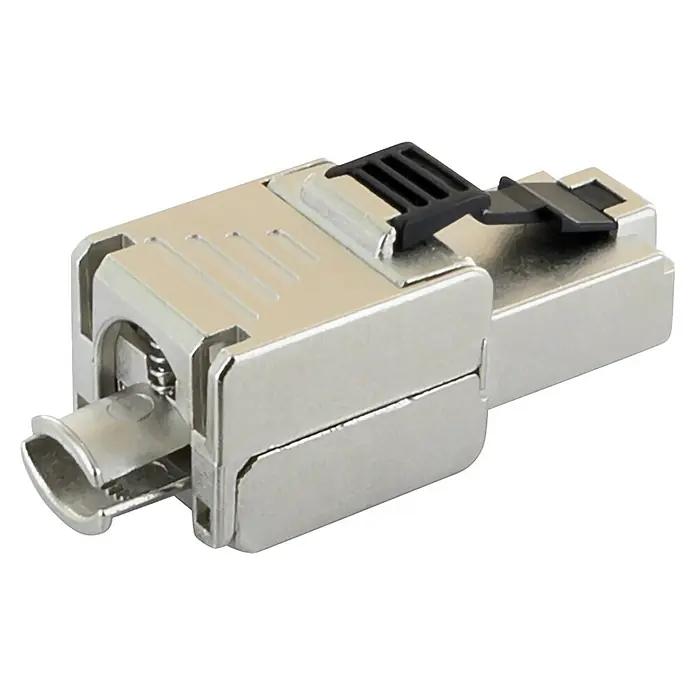 Schwaiger Netzwerk-Stecker Mini CAT 6A RJ45 aus Metall - Silber - Silberner, metallischer RJ45-Stecker mit schwarzem Riegel und federbelastetem Abschlussmechanismus.