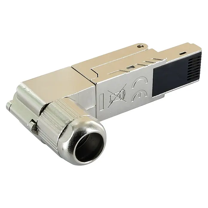 Schwaiger Netzwerk-Stecker CAT 8.1 RJ45 gewinkelt aus Metall - Silber - Silberfarbener 90-Grad RJ45-Netzwerkkabelstecker mit Gewindeanschluss und schwarzem Kunststoffeinsatz.