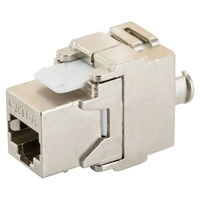 Schwaiger Netzwerk-Stecker CAT 6A Keystone Modul - Silber - Silberfarbene geschirmte Cat6A Keystone-Buchse mit weißem Abschlussblock, beschriftet mit 'CAT6A'.