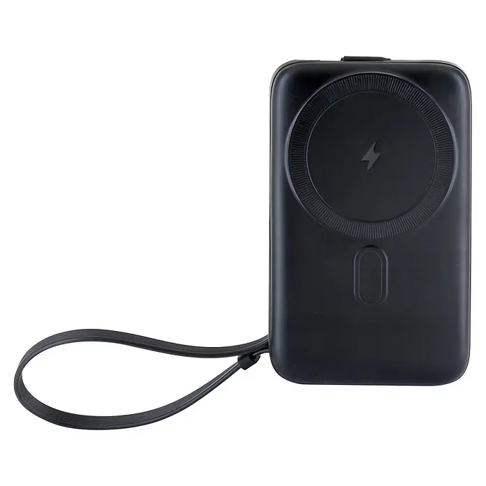 Schwaiger Powerbank Wireless-10.000 mAh inklusive Ladekabel - Schwarz - Schwarze Powerbank mit rundem kabellosem Ladefeld, Blitzsymbol und Trageschlaufe.