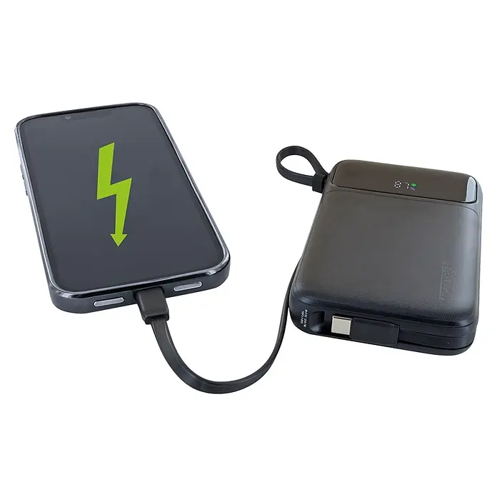 Schwaiger Powerbank Wireless-10.000 mAh inklusive Ladekabel - Schwarz - Ein schwarzes Smartphone mit grünem Lade-Symbol, verbunden mit einer dunkelgrauen Powerbank, die 87% Akku anzeigt, beim mobilen Laden.