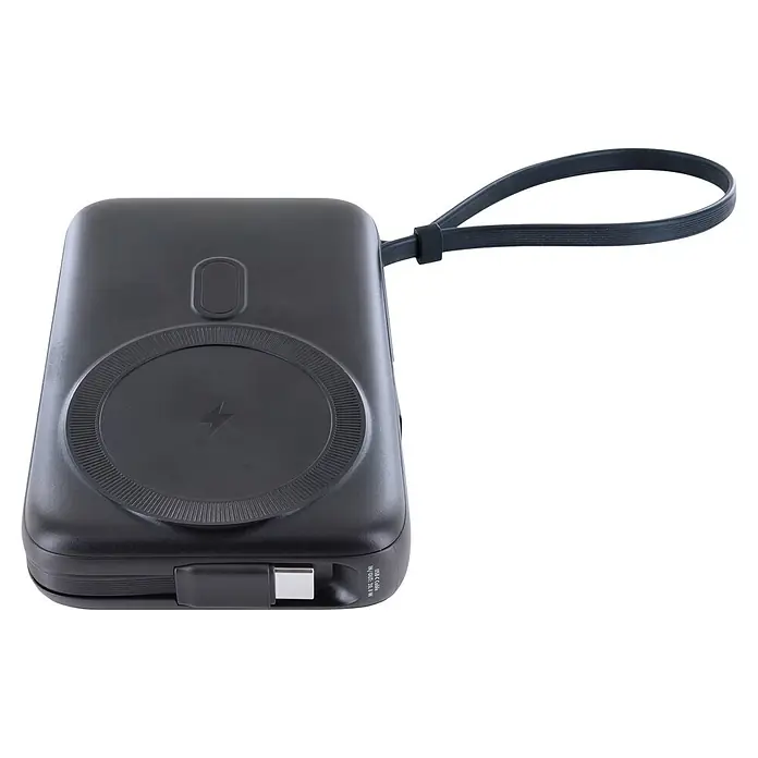 Schwaiger Powerbank Wireless-10.000 mAh inklusive Ladekabel - Schwarz - Schwarze Powerbank mit rundem Wireless-Ladepad, integriertem Band und sichtbarem USB-C-Anschluss.