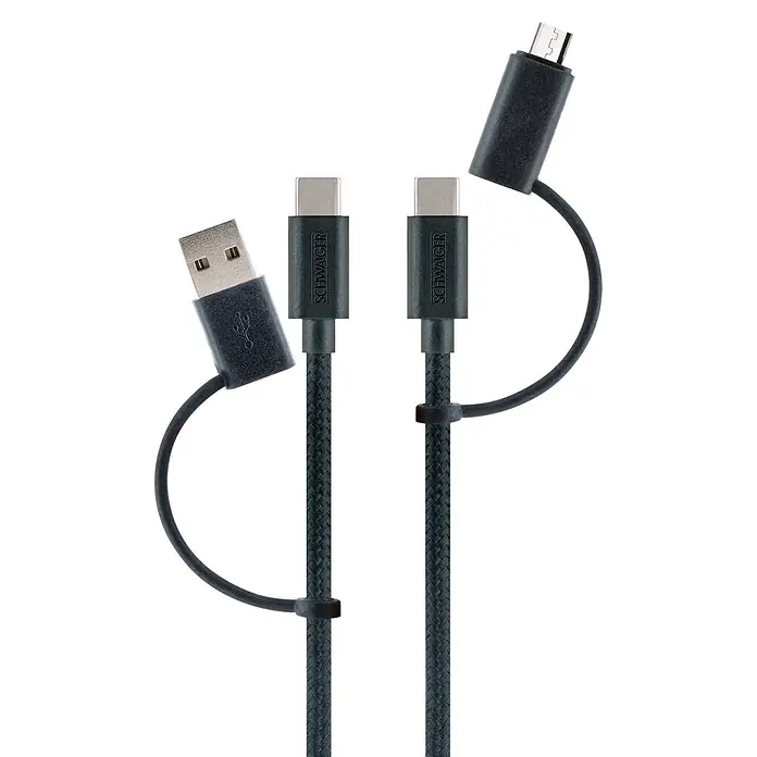 Schwaiger USB-Ladekabel 4-in-1 Adapterkabel - Schwarz, Länge: 1,5 m - Schwarzes geflochtenes USB-Kabel mit USB-A, USB-C und Micro-USB-Anschlüssen für Laden und Datenübertragung.