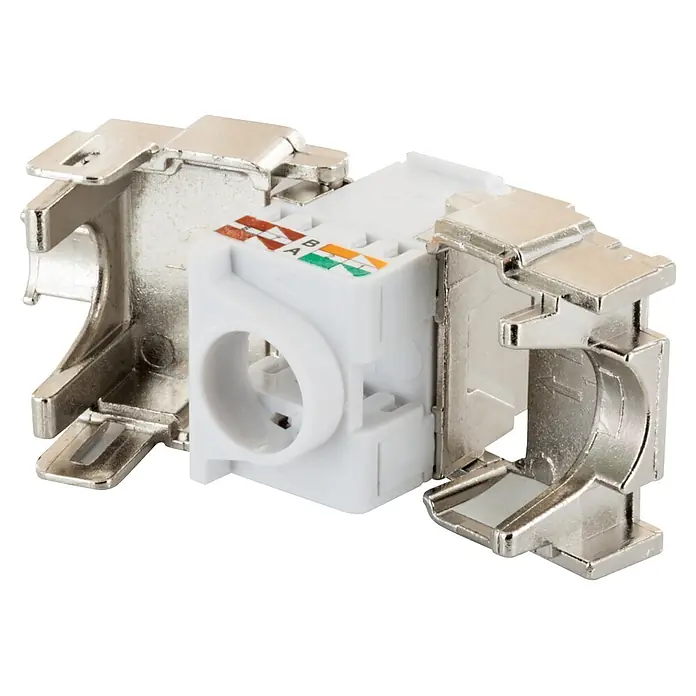 Schwaiger Netzwerk-Stecker CAT 6A Keystone Modul - Silber - Weißer Netzwerk-Keystone-Jack mit Metallabschirmung und sichtbaren TIA/EIA-Farbcodierungen.