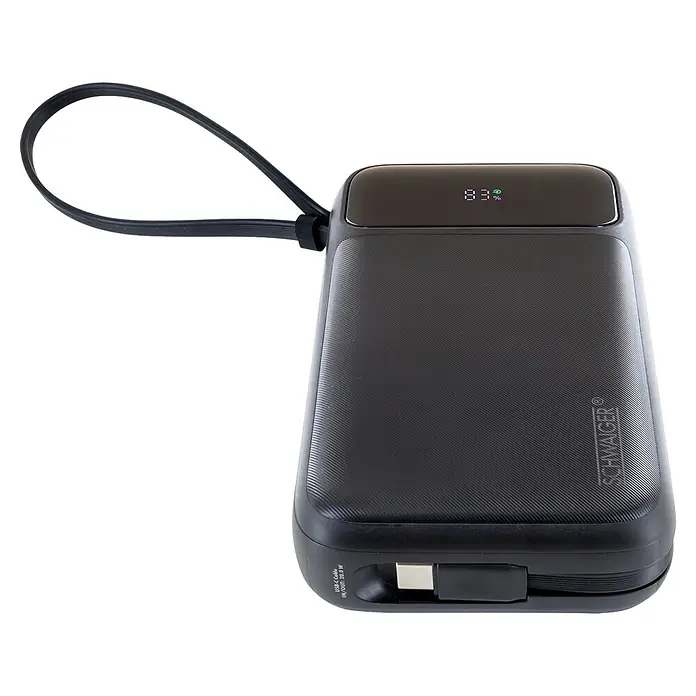 Schwaiger Powerbank Wireless 20.000 mAh inklusive Ladekabel - Schwarz - Schwarze Powerbank mit strukturierter Oberfläche und integrierter Schlaufe, digitaler Anzeige (83%) und USB-C-Anschluss.