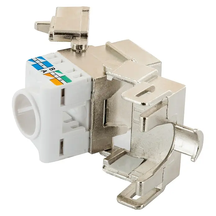 Schwaiger Netzwerk-Stecker CAT 6A Keystone Modul - Silber - Geschirmter RJ45 Keystone-Buchse mit weißem Kunststoffgehäuse und silbernem Metallkörper, zeigt T568A/B Verdrahtungsplan für Netzwerkkabel.
