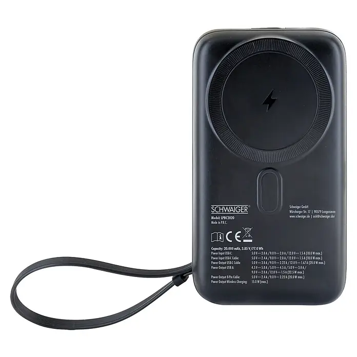 Schwaiger Powerbank Wireless 20.000 mAh inklusive Ladekabel - Schwarz - Schwarze Powerbank mit rundem kabellosem Ladefeld, detaillierten Spezifikationen und flexibler Handschlaufe.