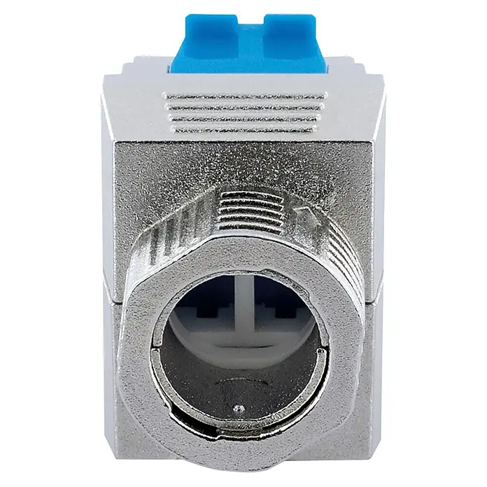 Schwaiger Netzwerk-Stecker Keystone CAT8-Modul werkzeuglos - Silber - Metallischer Netzwerkanschluss mit blauem Oberteil.