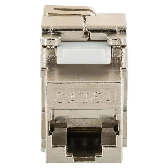 Schwaiger Netzwerk-Stecker CAT 6A Keystone Modul - Silber - Vorderansicht eines silbernen, geschirmten CAT6A Keystone-Moduls für Netzwerkverbindungen, mit RJ45-Anschluss und CAT6A-Prägung.