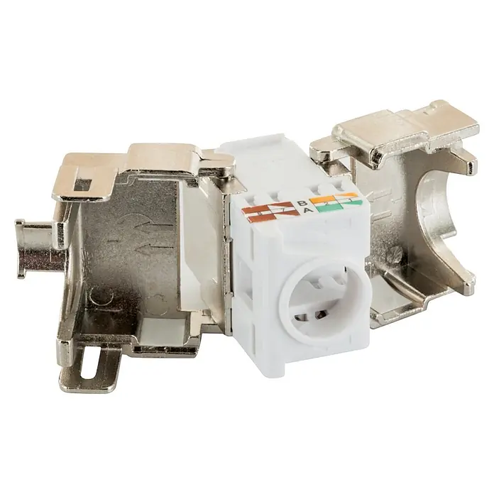 Schwaiger Netzwerk-Stecker CAT 6A Keystone Modul - Silber - Geschirmte RJ45 Keystone-Buchse mit silberfarbenem Metallgehäuse und weißem Kunststoffeinsatz, zeigt T568A/B Verdrahtungsplan.