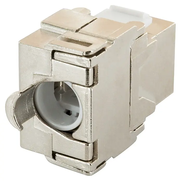 Schwaiger Netzwerk-Stecker CAT 6A Keystone Modul - Silber - Silberfarbener Netzwerk-Keystone-Jack aus Metall mit weißem Innenteil.