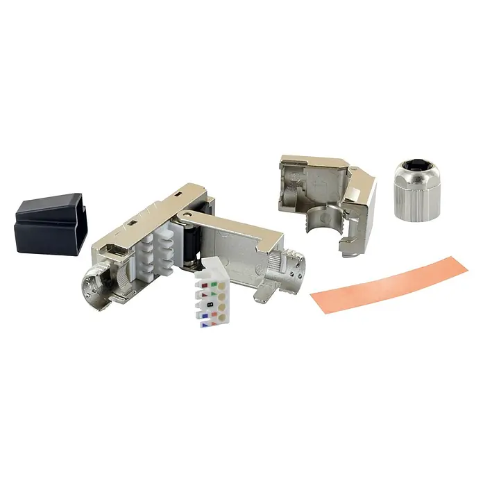 Schwaiger Netzwerk-Stecker CAT 8.1 RJ45 gewinkelt aus Metall - Silber - Zerlegte geschirmte RJ45 Feldkonfektionierbare Steckverbinderkomponenten, inkl. Metallgehäuse, Drahtmanagementblock, schwarzer Tülle und Zugentlastungsmutter.