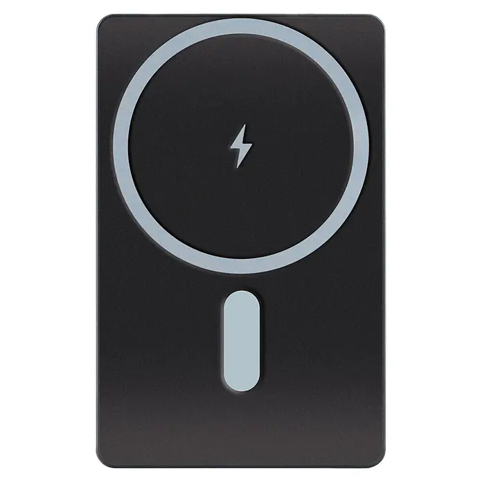 Schwaiger Powerbank magnetisch Wireless - Schwarz - Dunkelgraues MagSafe-ähnliches kabelloses Ladepad mit hellem Ring und Blitzsymbol.