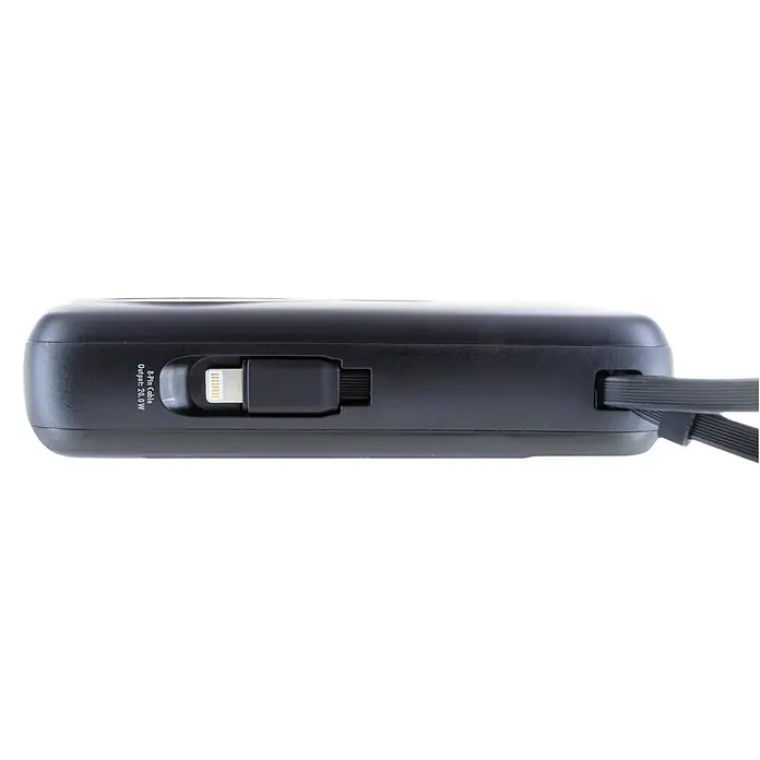 Schwaiger Powerbank Wireless 20.000 mAh inklusive Ladekabel - Schwarz - Schwarze Powerbank mit integriertem 8-Pin-Kabel und einem Flachkabel an der Seite.