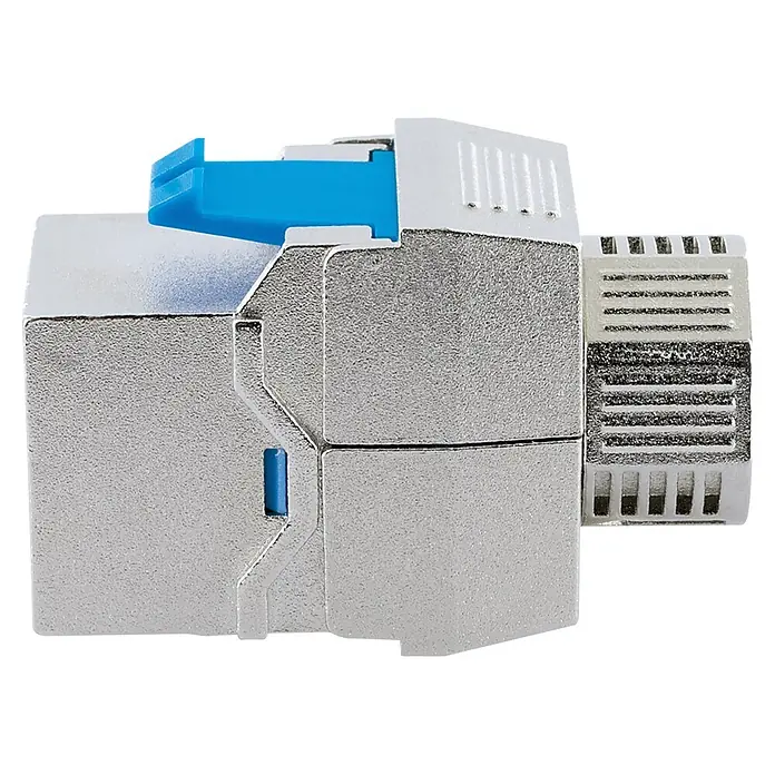 Schwaiger Netzwerk-Stecker Keystone CAT8-Modul werkzeuglos - Silber - Geschirmter metallischer RJ45-Stecker mit blauem Hebel für die Netzwerkverkabelung.