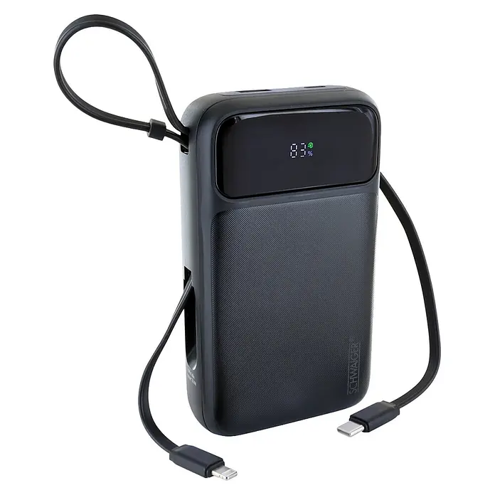 Schwaiger Powerbank Wireless 20.000 mAh inklusive Ladekabel - Schwarz - Schwarze Powerbank mit Digitalanzeige (83%), integrierten Lightning- und USB-C-Kabeln und Trageschlaufe.