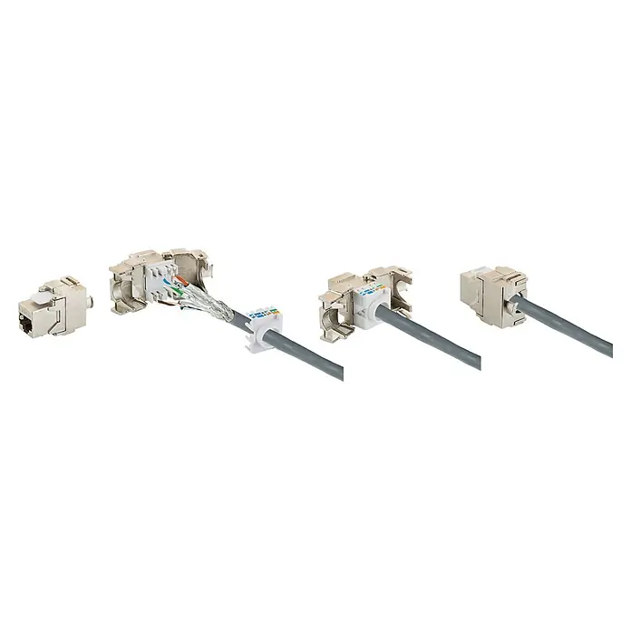 Schwaiger Netzwerk-Stecker CAT 6A Keystone Modul - Silber - Montageanleitung für eine geschirmte RJ45 Keystone-Buchse aus Metall mit grauem Netzwerkkabel.