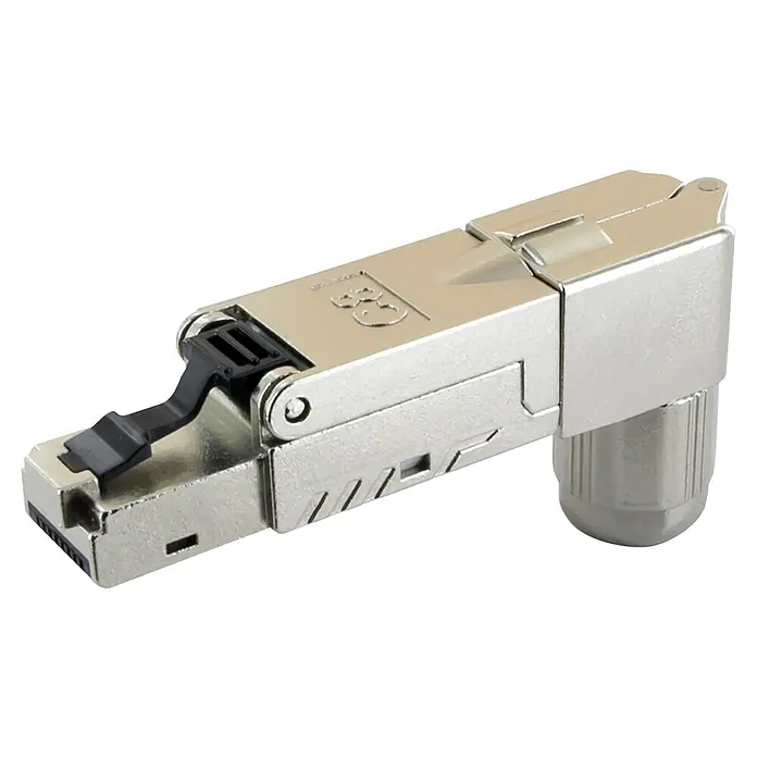 Schwaiger Netzwerk-Stecker CAT 8.1 RJ45 gewinkelt aus Metall - Silber - Silberner rechtwinkliger Ethernet-Stecker für Netzwerkkabel mit schwarzer Arretierung.