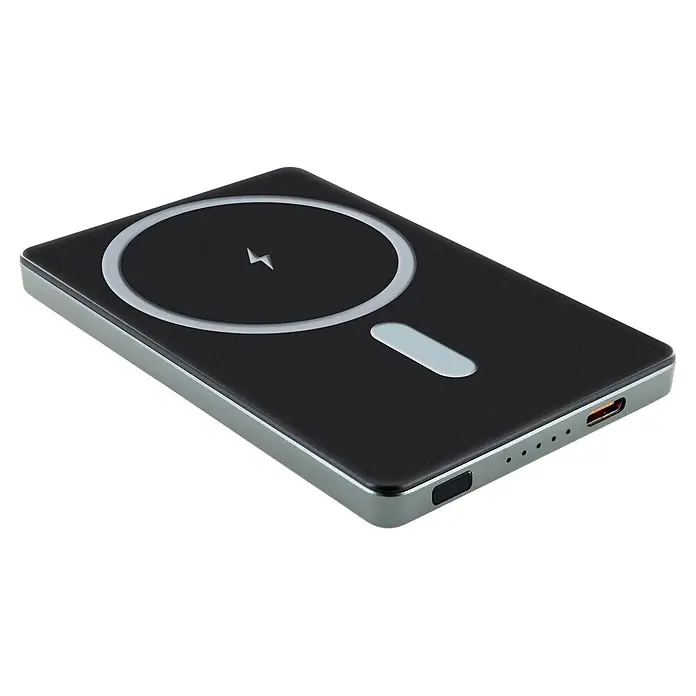 Schwaiger Powerbank magnetisch Wireless - Schwarz - Dunkle magnetische kabellose Powerbank mit metallgrauem Rand, hellem Ladering mit Blitzsymbol und seitlichen Anschlüssen.