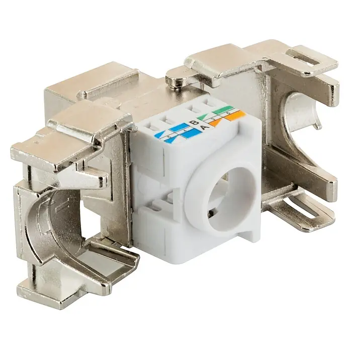 Schwaiger Netzwerk-Stecker CAT 6A Keystone Modul - Silber - Geschirmter weißer Keystone-Jack mit Metallgehäuse und farbcodierter T568A/B-Verkabelung für Netzwerkanschlüsse.