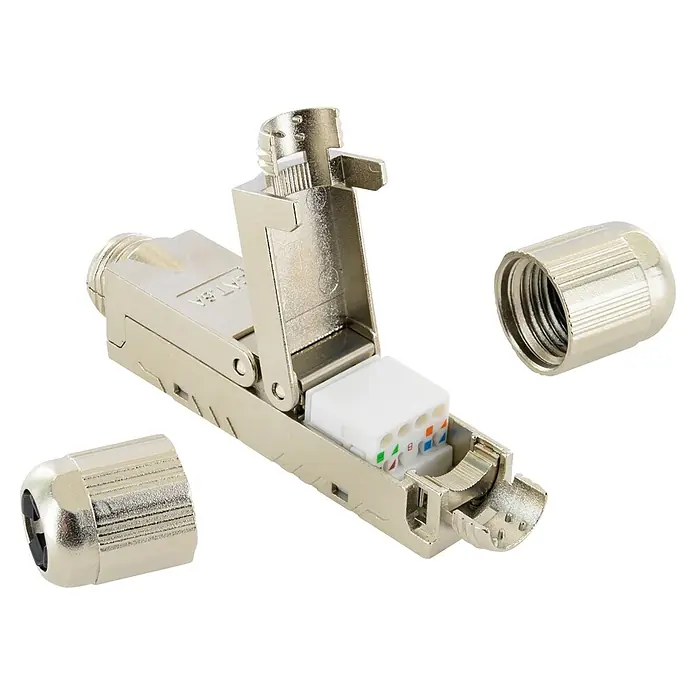 Schwaiger Kabelverbinder CAT 6A Keystone Netzwerkkabelverbinder - Geschirmt - Zerlegter metallischer CAT 6A Feldkonfektionierstecker mit weißem Innenmodul und zwei Endkappen.