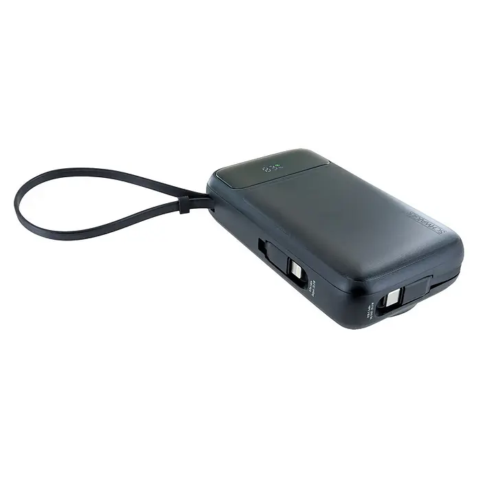 Schwaiger Powerbank Wireless 20.000 mAh inklusive Ladekabel - Schwarz - Dunkelgraue Powerbank mit Digitalanzeige, schwarzem Riemen und integrierten USB-C- und 8-Pin-Kabeln.