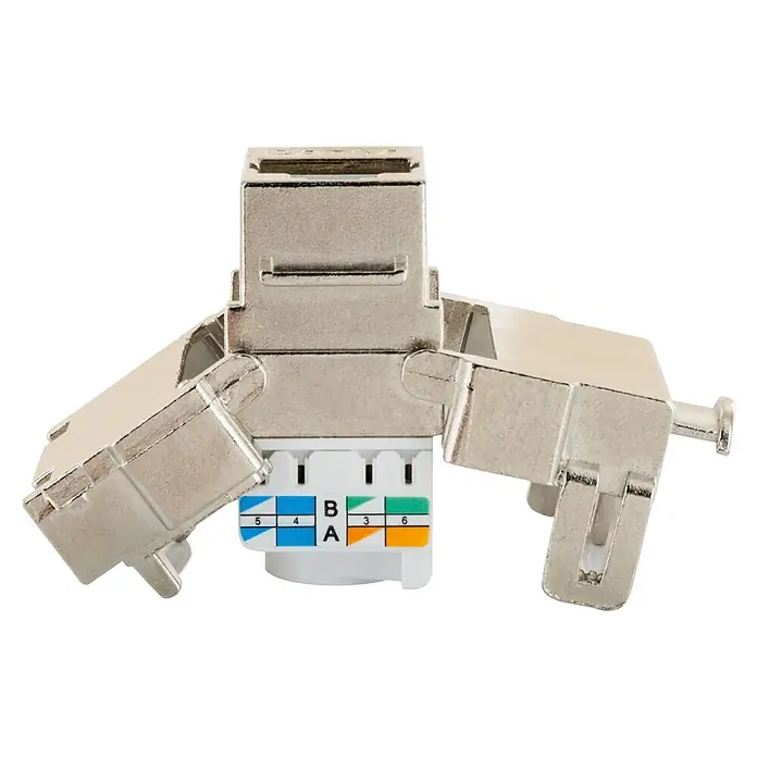 Schwaiger Netzwerk-Stecker CAT 6A Keystone Modul - Silber - Metallisch abgeschirmte RJ45 Keystone-Buchse mit T568A/B Verdrahtungsplan.