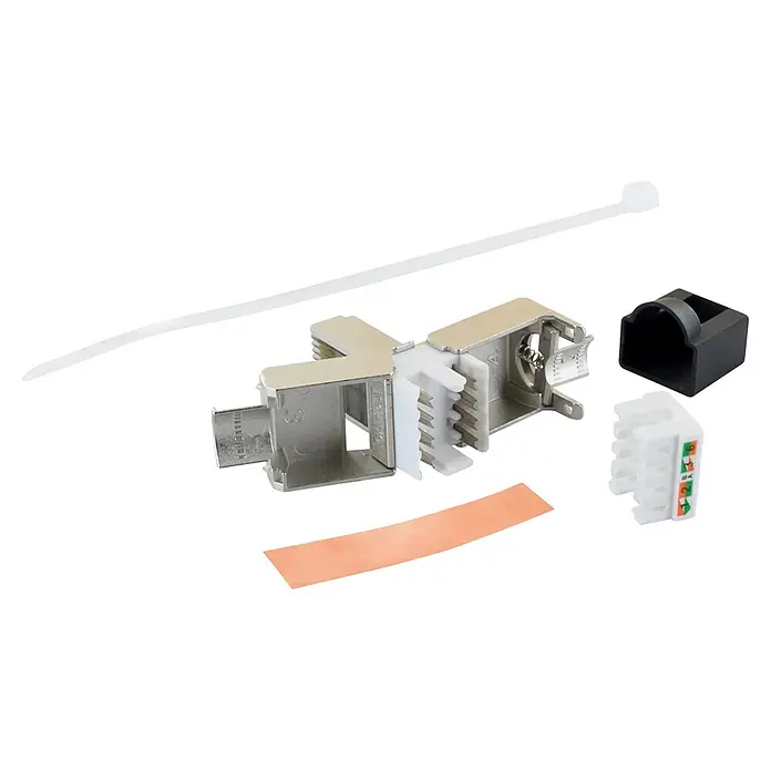Schwaiger Netzwerk-Stecker Mini CAT 6A RJ45 aus Metall - Silber - Komponenten für Netzwerkverbindung: geschirmte Keystone-Buchse, weißer Kabelbinder, schwarze Kappe, Kupfer-Erdungsband.