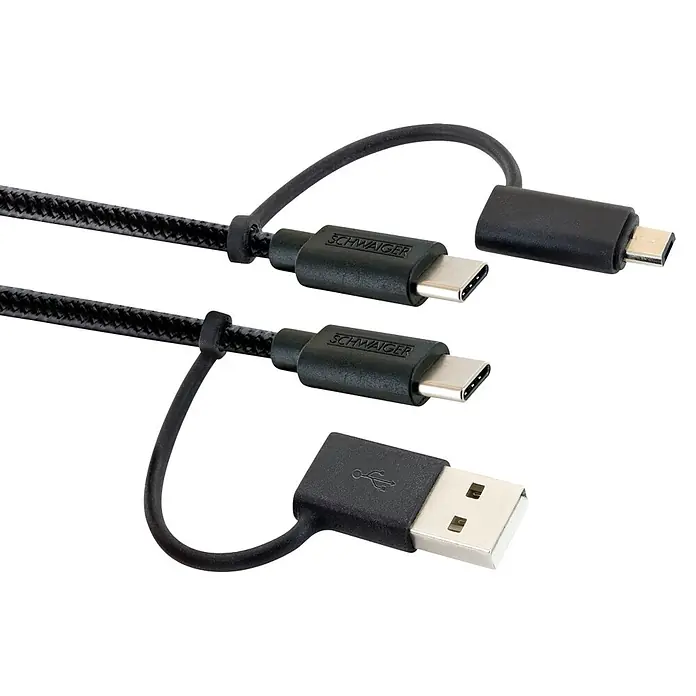 Schwaiger USB-Ladekabel 4-in-1 Adapterkabel - Schwarz, Länge: 1,5 m - Zwei schwarze geflochtene Kabel, jedes mit einem USB-C-Anschluss. Einer hat einen Micro-USB-Adapter, der andere einen USB-A-Adapter.