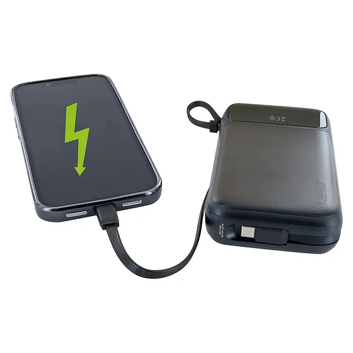 Schwaiger Powerbank Wireless 20.000 mAh inklusive Ladekabel - Schwarz - Schwarze Powerbank mit 83% Anzeige, verbunden mit einem Smartphone, das ein grünes Ladesymbol zeigt.