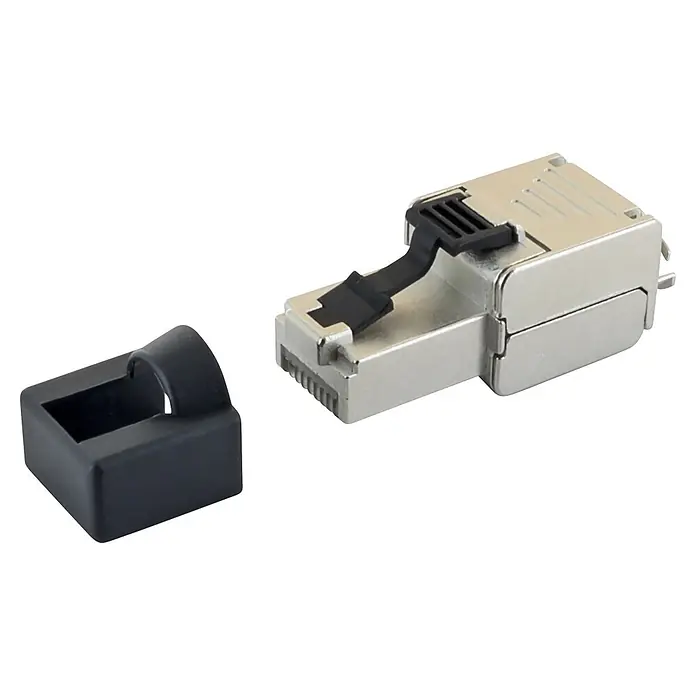 Schwaiger Netzwerk-Stecker Mini CAT 6A RJ45 aus Metall - Silber - Silberfarbener Netzwerkstecker mit schwarzer Arretierung und separater schwarzer Schutzkappe.