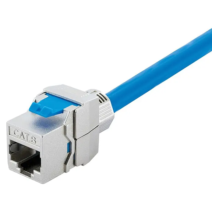 Schwaiger Netzwerk-Stecker Keystone CAT8-Modul werkzeuglos - Silber - Silberne CAT 8 Keystone-Buchse mit blauem Ethernet-Kabel und blauem Clip.
