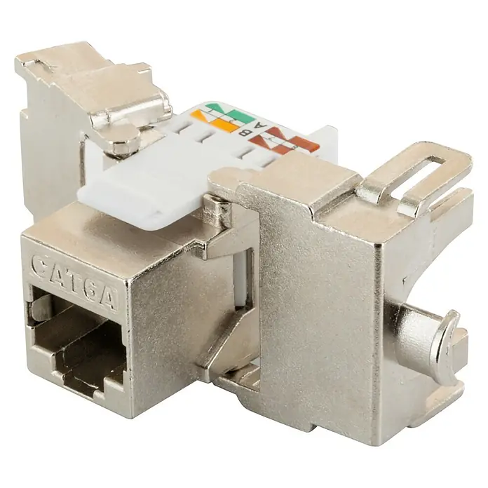 Schwaiger Netzwerk-Stecker CAT 6A Keystone Modul - Silber - Geschirmte CAT6A Keystone-Buchse aus Metall mit weißem IDC-Anschlussblock und T568A/B-Farbkodierung.