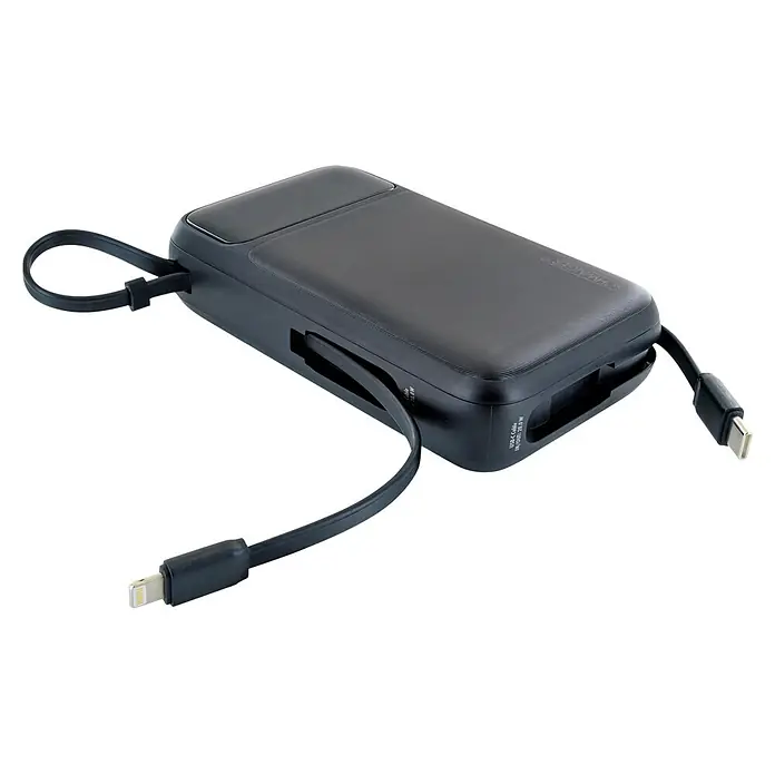 Schwaiger Powerbank Wireless 20.000 mAh inklusive Ladekabel - Schwarz - Schwarze Powerbank mit integrierten USB-C und Lightning Ladekabeln für mobiles Laden.