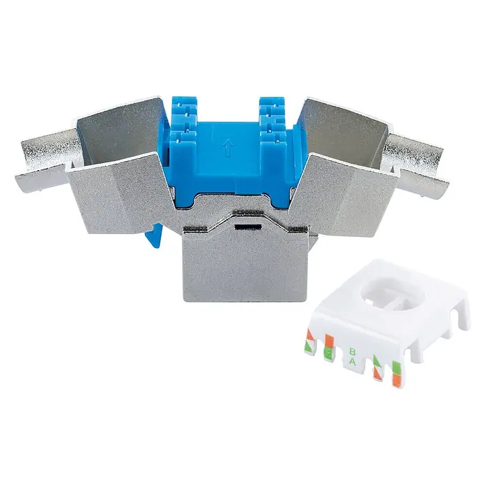 Schwaiger Netzwerk-Stecker Keystone CAT8-Modul werkzeuglos - Silber - Zerlegter geschirmter RJ45 Keystone-Jack mit silbernem Metallgehäuse, blauem Kunststoffkern und weißer Kabelzuführungskappe.