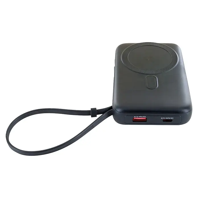 Schwaiger Powerbank Wireless-10.000 mAh inklusive Ladekabel - Schwarz - Schwarze Powerbank mit integriertem Gurt, runder kabelloser Ladefläche, USB-A (22,5W) und USB-C (18W) Anschlüssen.