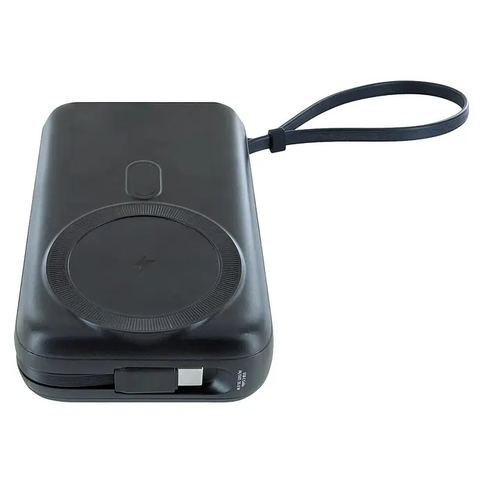 Schwaiger Powerbank Wireless 20.000 mAh inklusive Ladekabel - Schwarz - Schwarze Powerbank mit rundem kabellosem Ladefeld mit Blitzsymbol, integriertem USB-Kabel und schwarzer Handschlaufe.