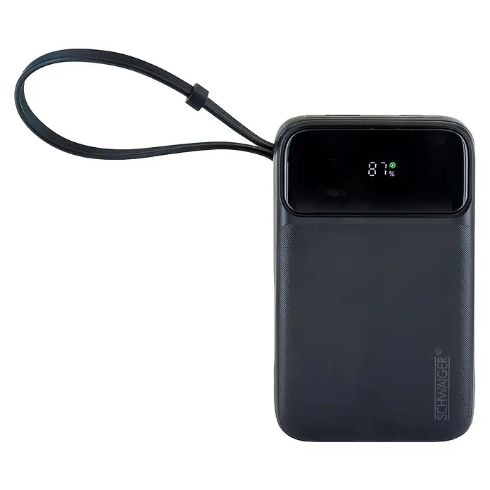 Schwaiger Powerbank Wireless-10.000 mAh inklusive Ladekabel - Schwarz - Schwarze Powerbank mit strukturierter Oberfläche, digitaler Anzeige von 87% Ladung und schwarzer Handschlaufe.