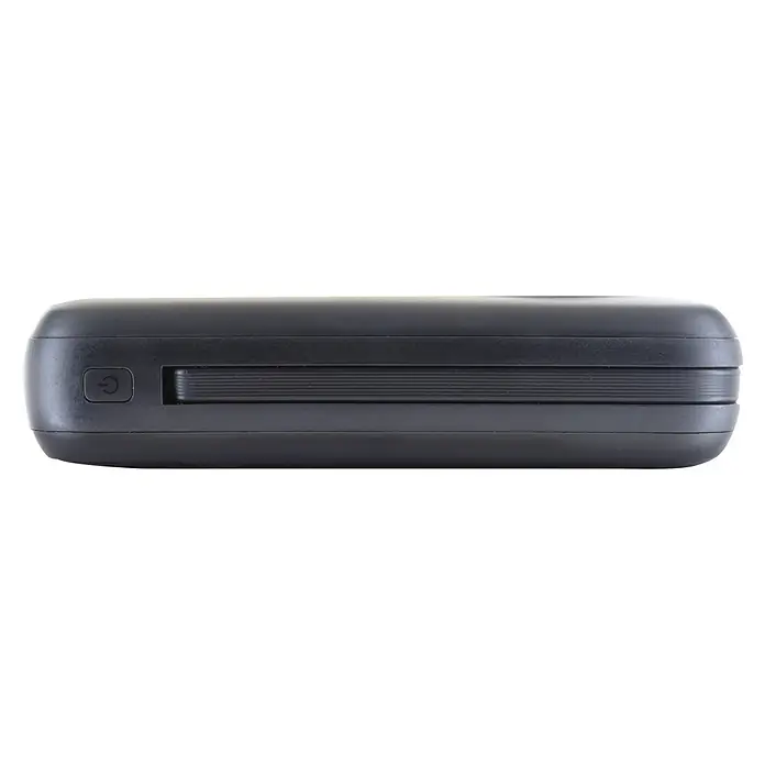 Schwaiger Powerbank Wireless 20.000 mAh inklusive Ladekabel - Schwarz - Schwarzer rechteckiger tragbarer Drucker mit abgerundeten Ecken, einem Netzschalter und einem geriffelten Papierausgabeschlitz.