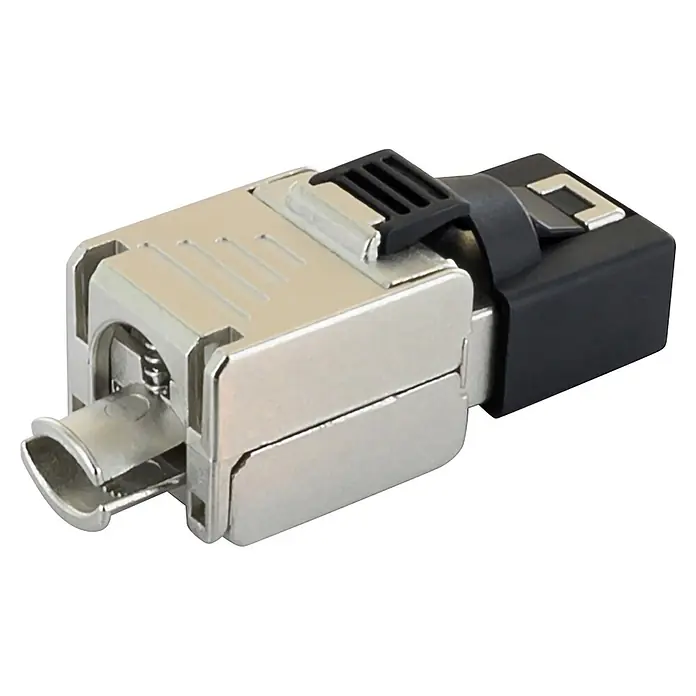 Schwaiger Netzwerk-Stecker Mini CAT 6A RJ45 aus Metall - Silber - Robuster silberner Metall-Netzwerkstecker mit schwarzem Gehäuse und gefederter Arretierung.