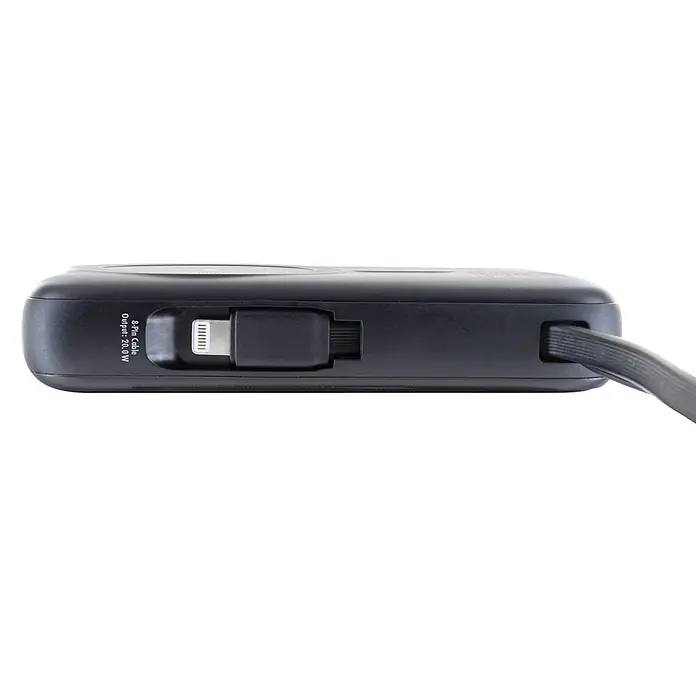 Schwaiger Powerbank Wireless-10.000 mAh inklusive Ladekabel - Schwarz - Schwarze Powerbank mit integriertem 8-Pin (Lightning) Kabel (20.0W Ausgang) und einem flachen Kabel rechts.