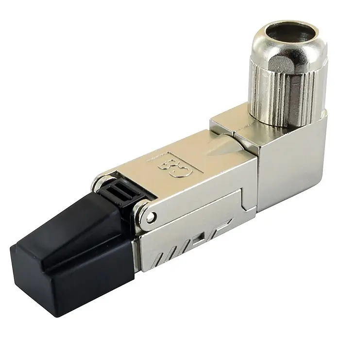 Schwaiger Netzwerk-Stecker CAT 8.1 RJ45 gewinkelt aus Metall - Silber - Silberfarbener rechtwinkliger RJ45-Netzwerkstecker mit schwarzer Kunststoff-Zugentlastung.