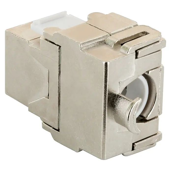 Schwaiger Netzwerk-Stecker CAT 6A Keystone Modul - Silber - Geschirmter metallischer RJ45 Keystone Jack mit weißen Kunststoffkomponenten für Netzwerkverbindungen.